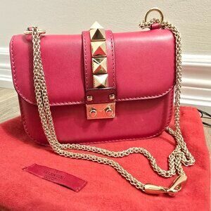 VALENTINO - Fuchsia Leather Small Rockstud Glam Lock Flap Bag Pink